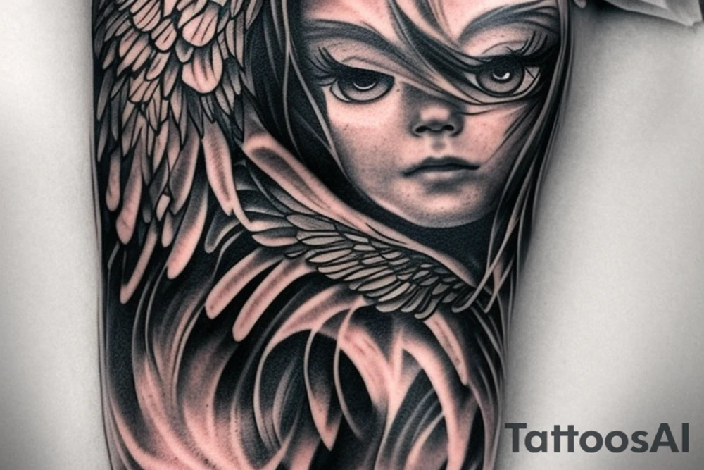 falling angel with an eye looking at it tattoo idea