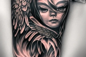 falling angel with an eye looking at it tattoo idea