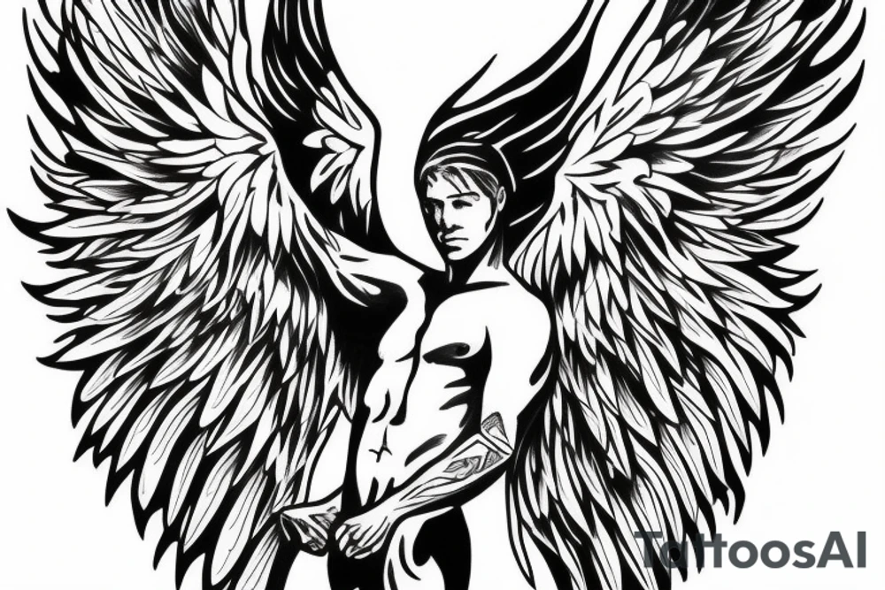 man with angel wings spread wide tattoo idea