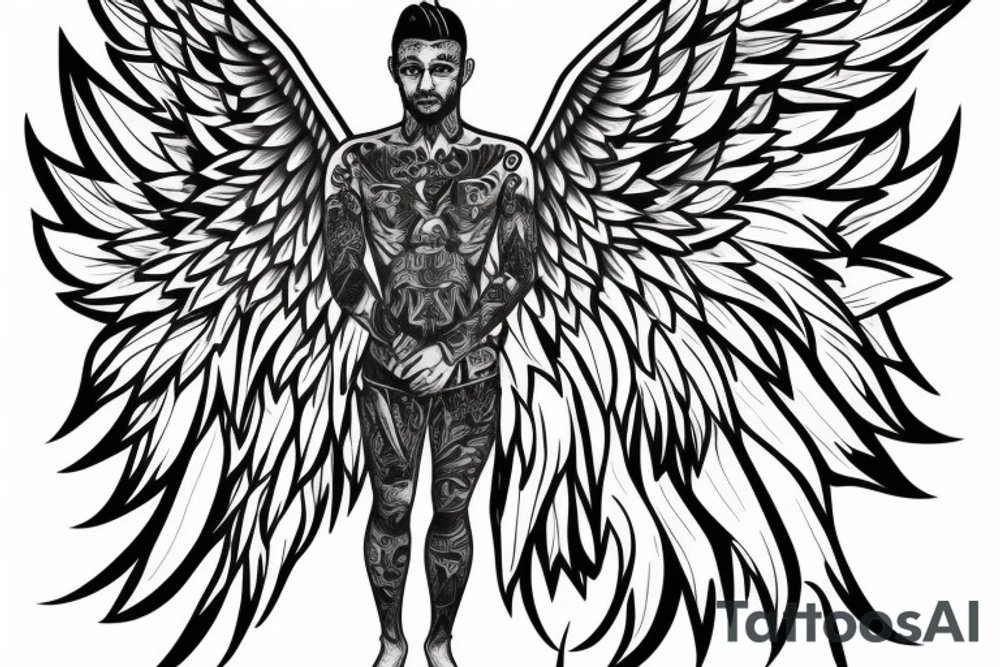 full body of man with angel wings spread wide tattoo idea