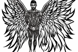 full body of man with angel wings spread wide tattoo idea