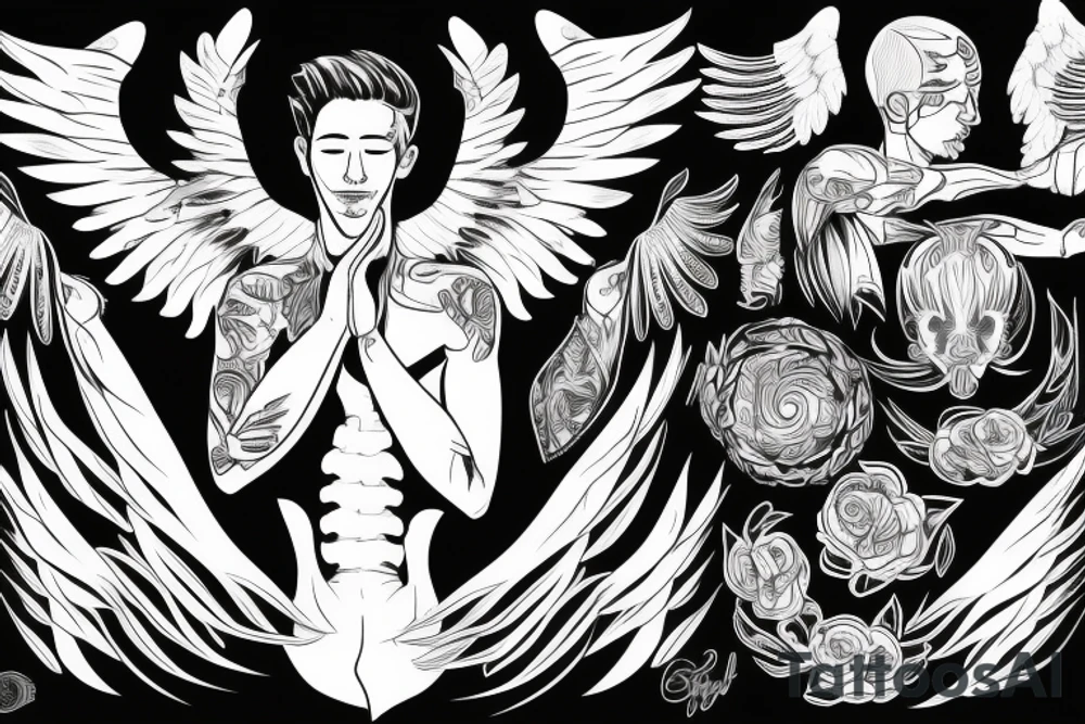 full body of man with angel wings spread wide tattoo idea