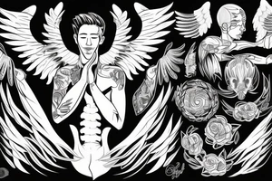 full body of man with angel wings spread wide tattoo idea