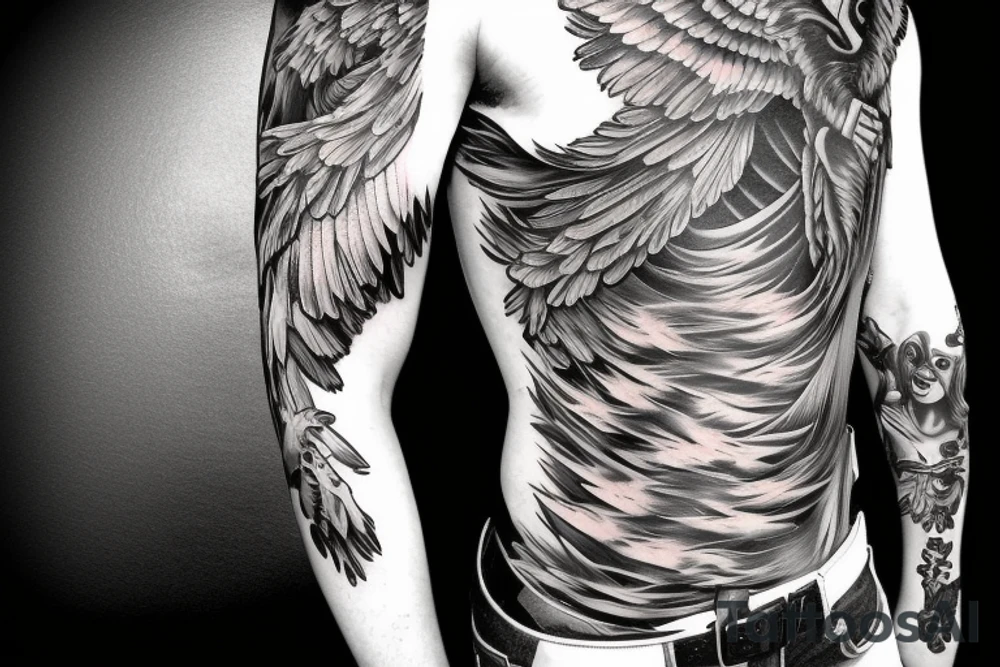 full body of man with angel wings spread wide tattoo idea