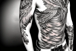 full body of man with angel wings spread wide tattoo idea