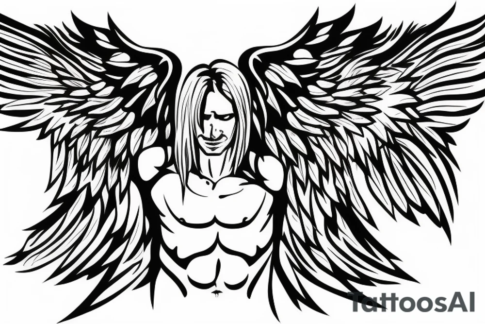 full body of man with angel wings spread wide tattoo idea