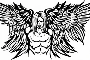 full body of man with angel wings spread wide tattoo idea