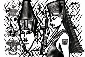 Queen Nefertiti with a gun dressed in leather tattoo idea