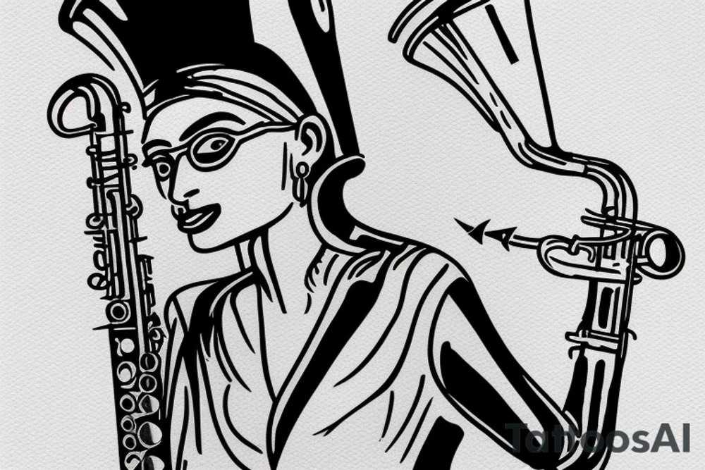 Queen Nefertiti In a leather suit playing the saxophone tattoo idea
