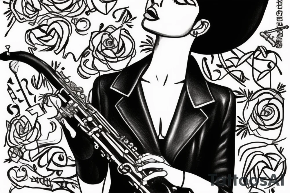 Queen Nefertiti In a leather blazer playing the saxophone tattoo idea