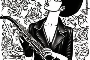 Queen Nefertiti In a leather blazer playing the saxophone tattoo idea