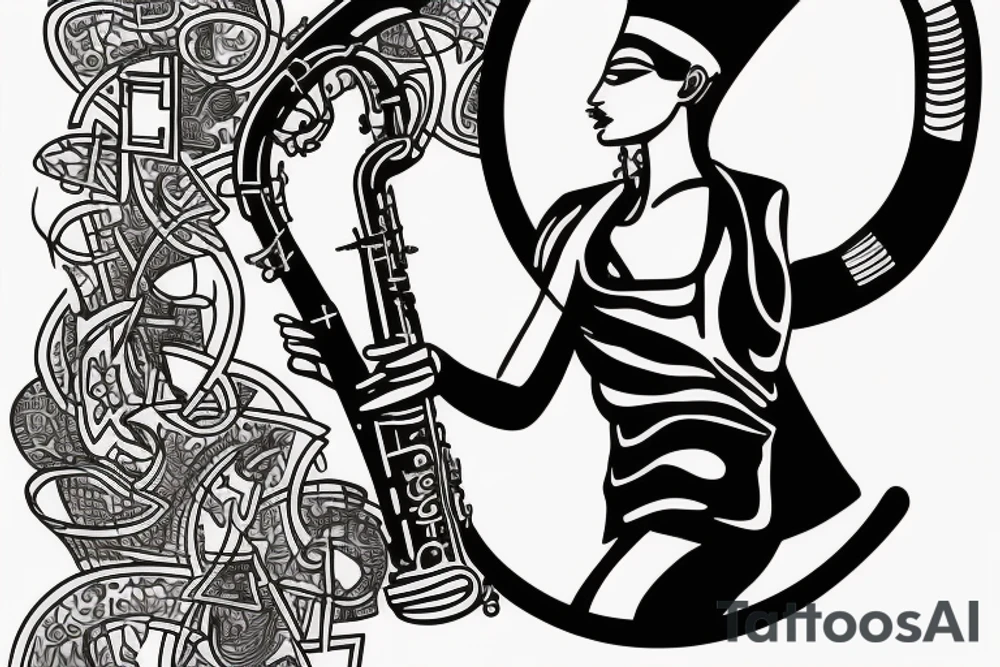 Queen Nefertiti In a leather blazer playing the saxophone tattoo idea