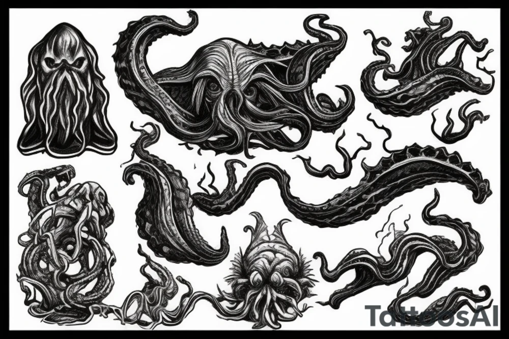 Cthulhu rising out of the ocean. A ship sailing over the edge of a hole in the sea. A marble statue of Hades breaking and cracking tattoo idea