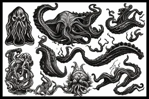 Cthulhu rising out of the ocean. A ship sailing over the edge of a hole in the sea. A marble statue of Hades breaking and cracking tattoo idea