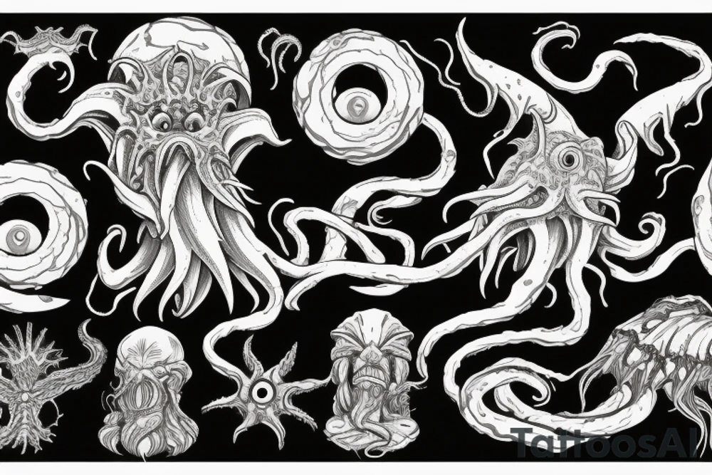 Cthulhu rising out of the ocean. A ship sailing over the edge of a hole in the sea. A marble statue of Hades breaking and cracking tattoo idea