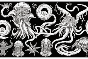 Cthulhu rising out of the ocean. A ship sailing over the edge of a hole in the sea. A marble statue of Hades breaking and cracking tattoo idea