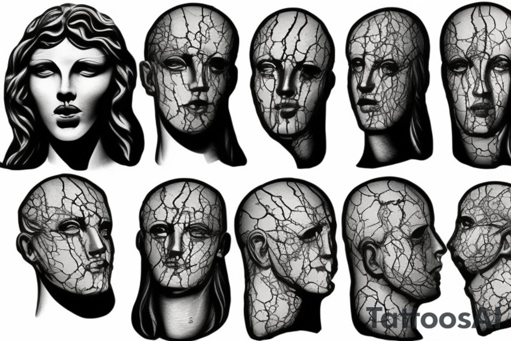 A marble statue of Hades‘ head with cracks and breaking parts tattoo idea