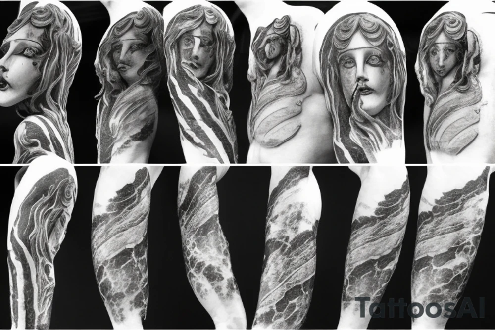 A marble statue of Hades‘ head with cracks and breaking parts tattoo idea