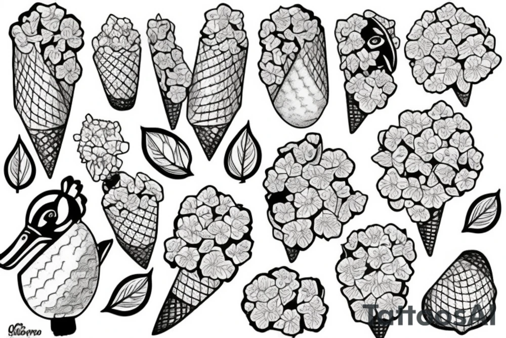 Duck hydrangea stream ice-cream tattoo idea