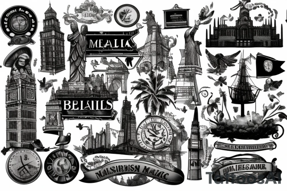 landmarks from england, brasil and mexico tattoo idea