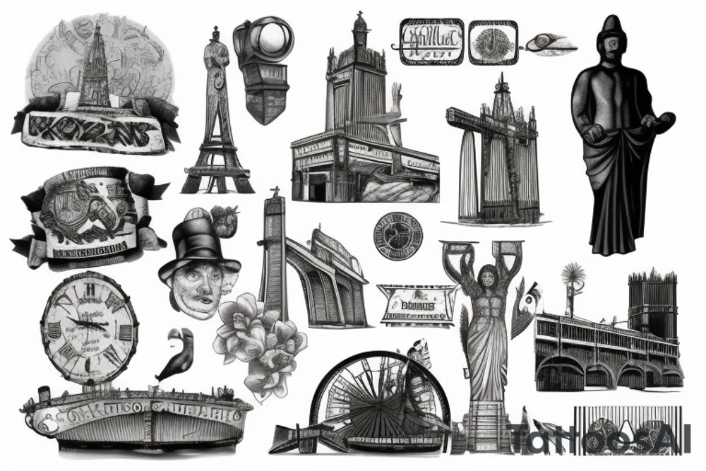landmarks from england, brasil and mexico tattoo idea