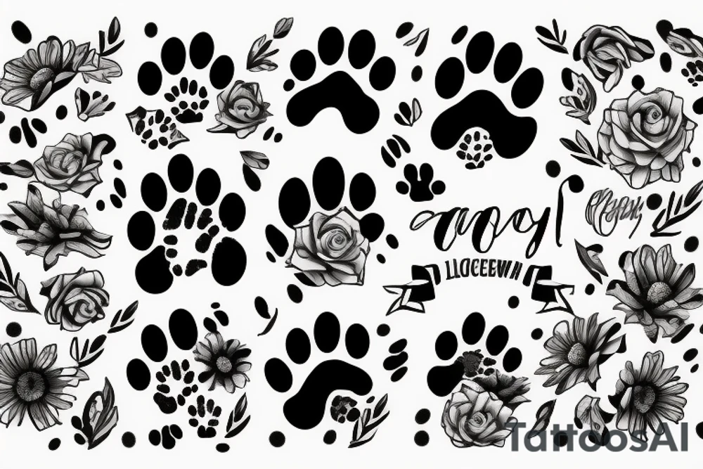 dog paw print with letter C and flowers tattoo idea