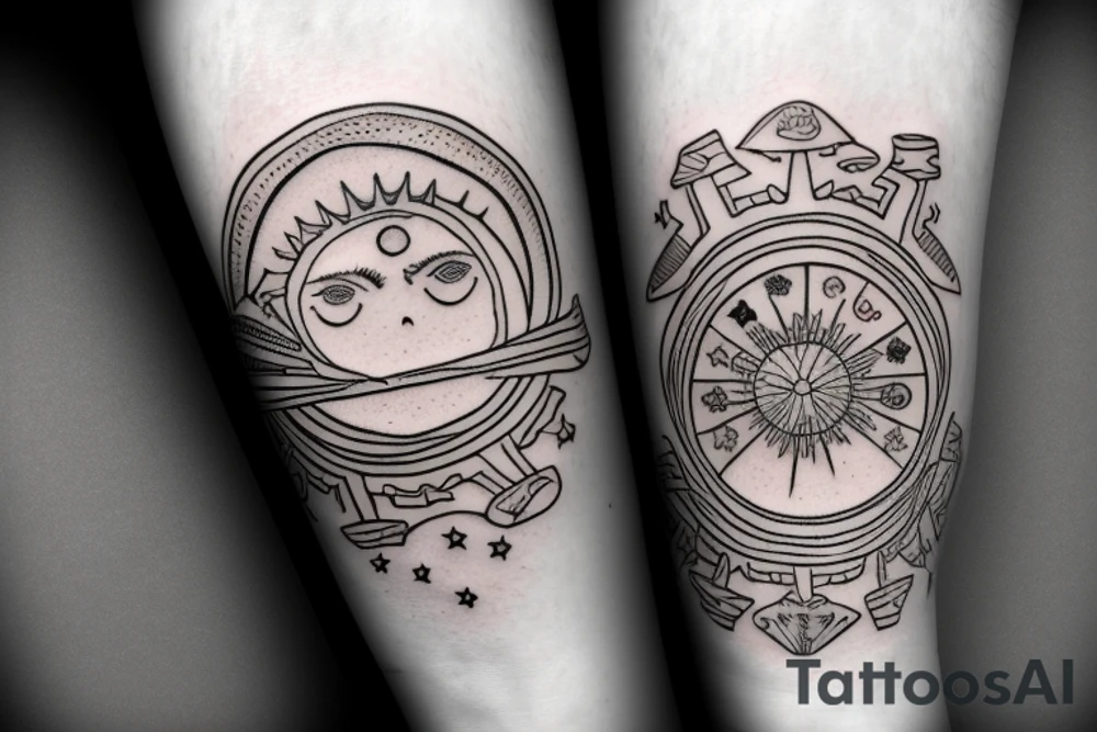Silver city title with a sun and moon background of a beach and greece tattoo idea