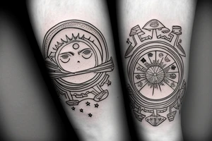 Silver city title with a sun and moon background of a beach and greece tattoo idea