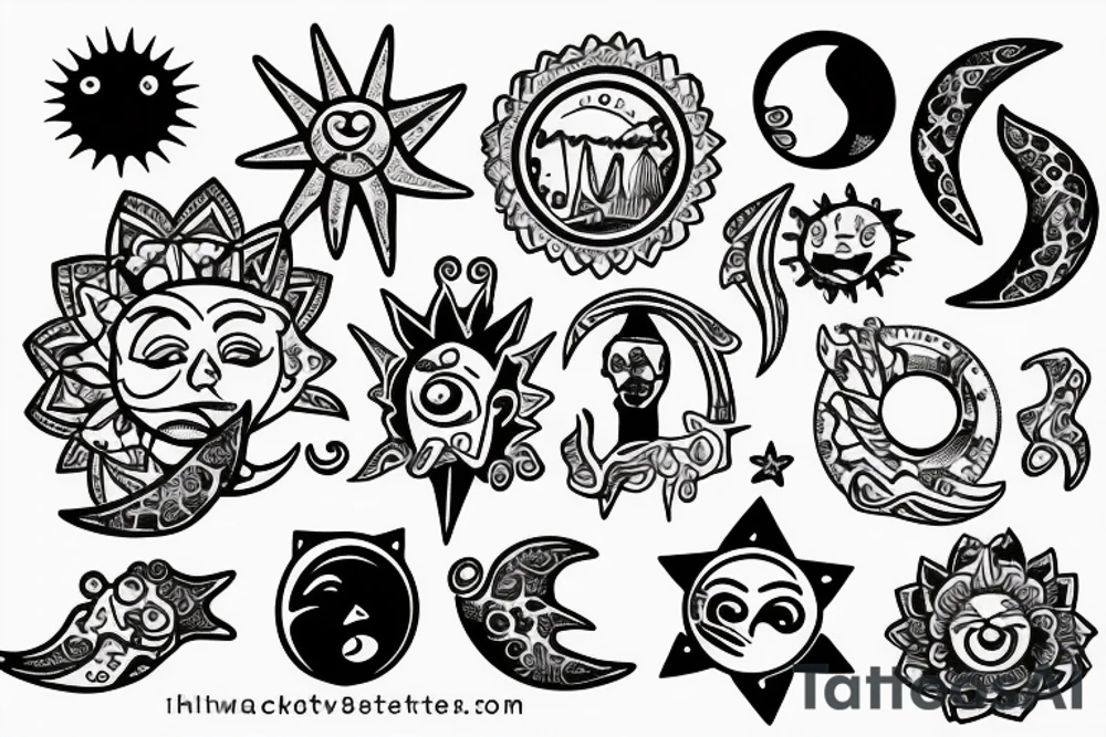 Silver city title with a sun and moon background of a beach and greece tattoo idea