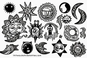 Silver city title with a sun and moon background of a beach and greece tattoo idea
