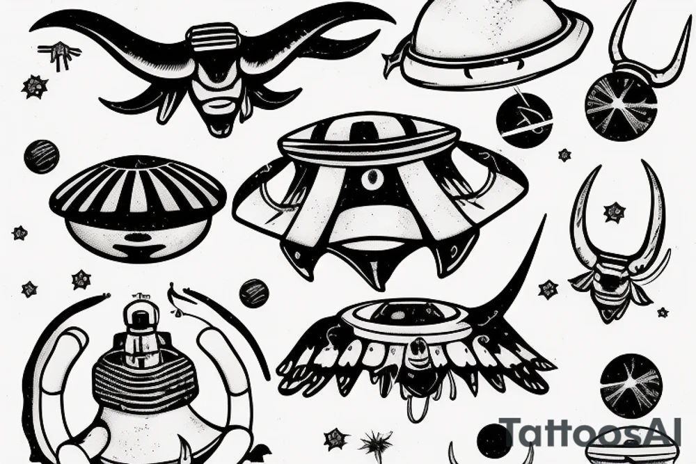 simple UFO abducting a longhorn tattoo idea