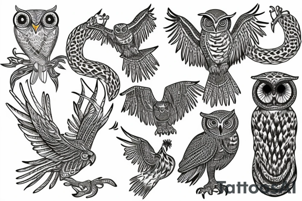 acacia tree made out of snakes with an owl, a golden eagle, and a dove tattoo idea