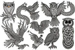 acacia tree made out of snakes with an owl, a golden eagle, and a dove tattoo idea