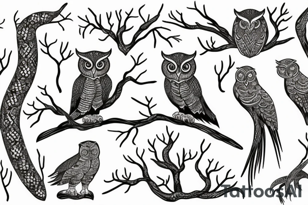 acacia tree made out of snakes with an owl, a golden eagle, and a dove tattoo idea