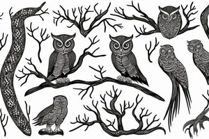 acacia tree made out of snakes with an owl, a golden eagle, and a dove tattoo idea