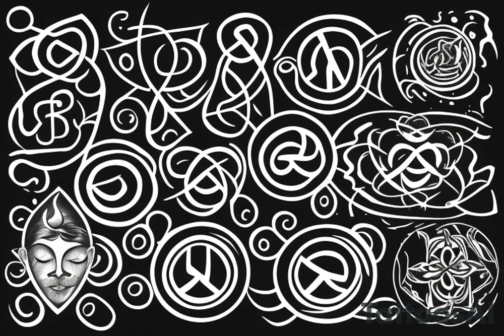 a Diya tattoo with the flame off to the side of the Diya but underneath an infinite symbol with symbols of love peace and prosperity incorporated around tattoo idea
