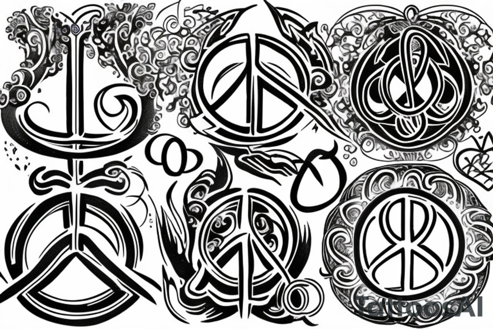 an oil lamp tattoo with the flame off to the side of the oil lamp but underneath an infinite symbol with symbols of love peace and prosperity incorporated around tattoo idea