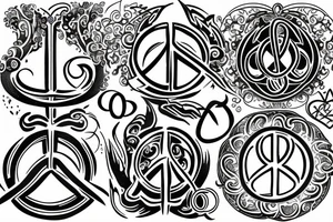 an oil lamp tattoo with the flame off to the side of the oil lamp but underneath an infinite symbol with symbols of love peace and prosperity incorporated around tattoo idea