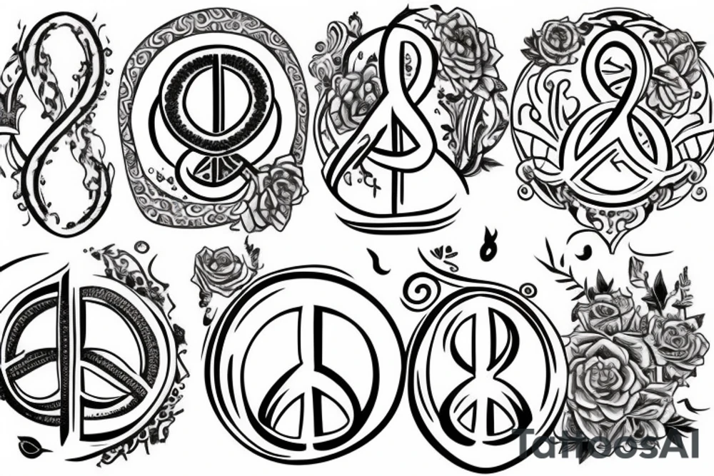 an oil lamp tattoo with the flame off to the side of the oil lamp but underneath an infinite symbol with symbols of love peace and prosperity incorporated around tattoo idea