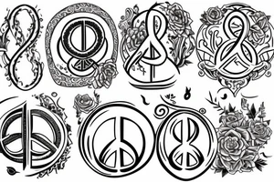 an oil lamp tattoo with the flame off to the side of the oil lamp but underneath an infinite symbol with symbols of love peace and prosperity incorporated around tattoo idea