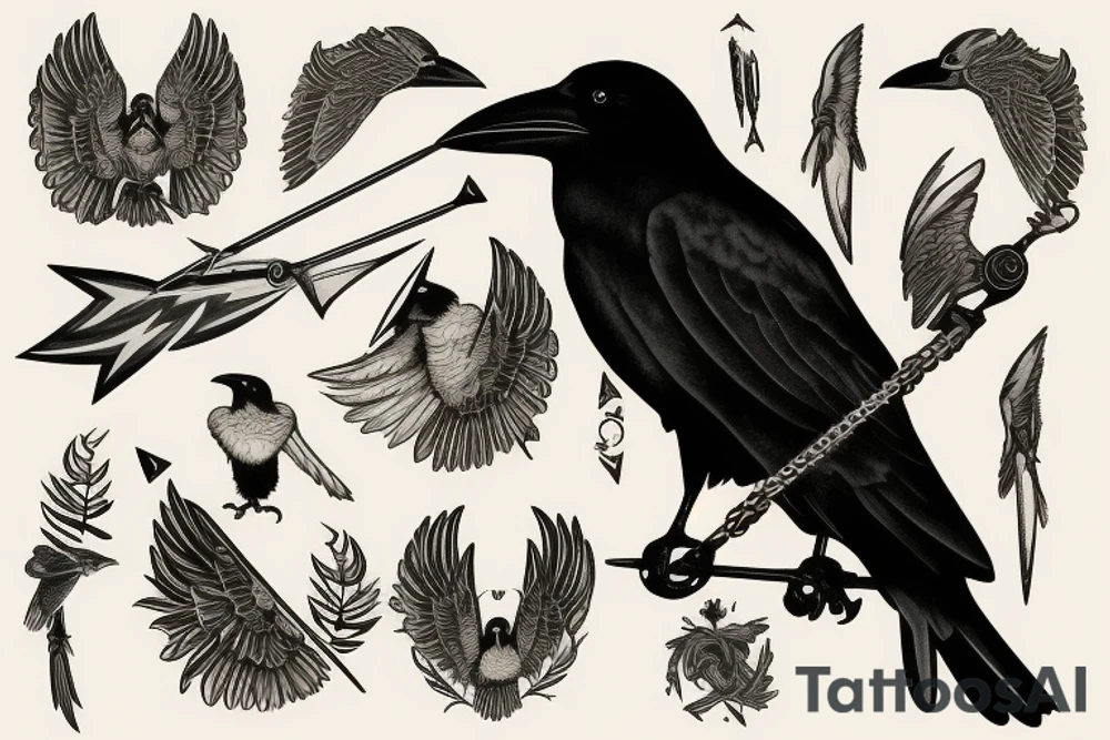 Raven perched on a Sagittarius arrow tattoo idea