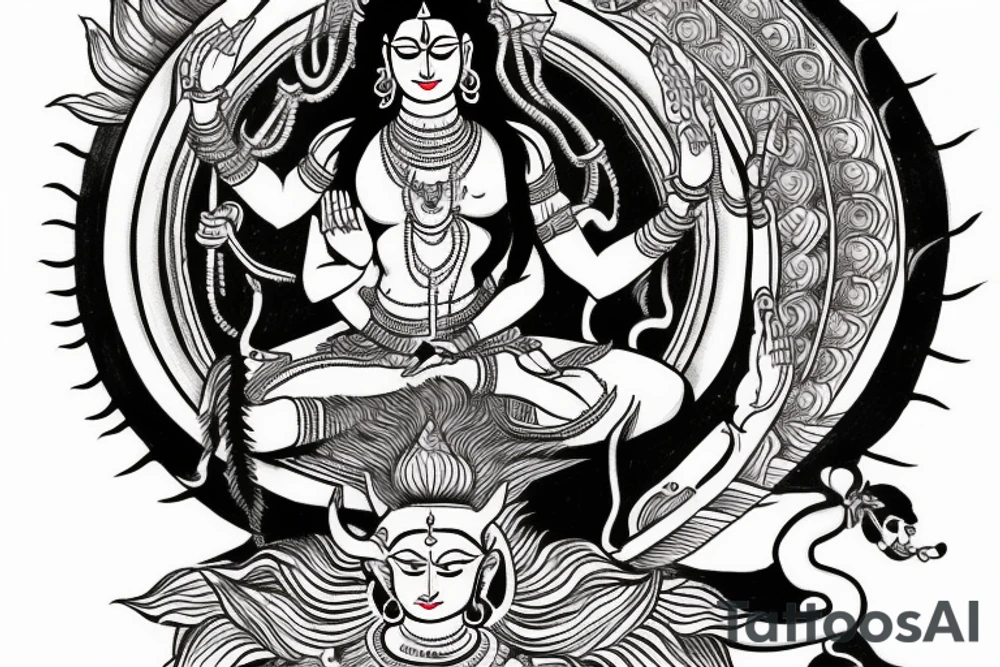 Shiva meditating in front with bhairav in action on the back tattoo idea