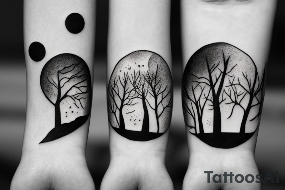 two siters 7 and 4 years old seen from behind holding hands starring at the moon throughtrees tattoo idea