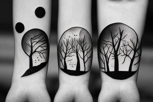 two siters 7 and 4 years old seen from behind holding hands starring at the moon throughtrees tattoo idea
