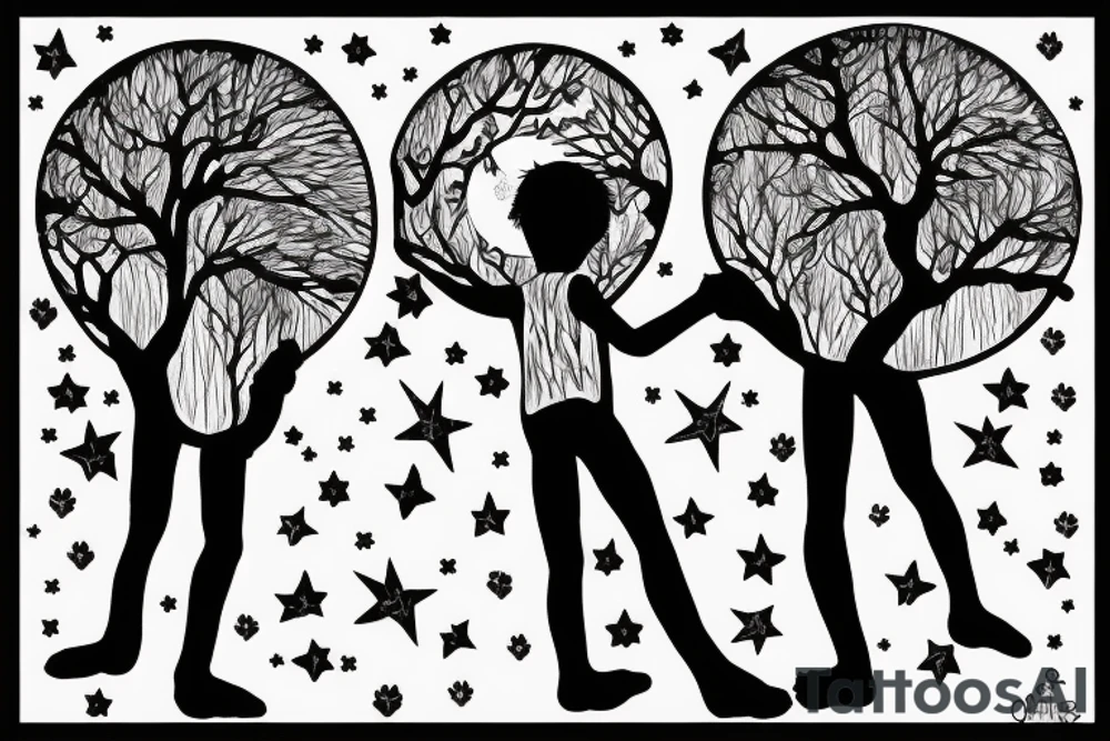 two siters 7 and 4 years old seen from behind holding hands starring at the moon throughtrees tattoo idea