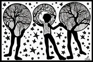 two siters 7 and 4 years old seen from behind holding hands starring at the moon throughtrees tattoo idea