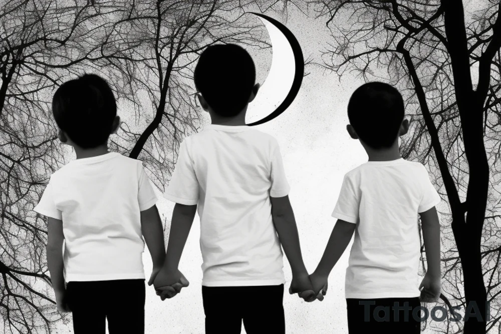 two siters 7 and 4 years old seen from behind holding hands starring at the moon through trees tattoo idea