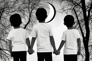 two siters 7 and 4 years old seen from behind holding hands starring at the moon through trees tattoo idea
