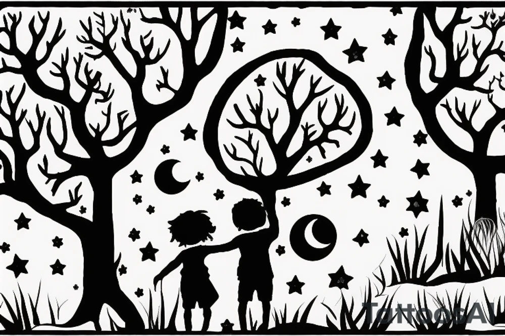 two siters 7 and 4 years old seen from behind holding hands starring at the moon through trees tattoo idea