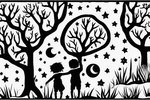 two siters 7 and 4 years old seen from behind holding hands starring at the moon through trees tattoo idea